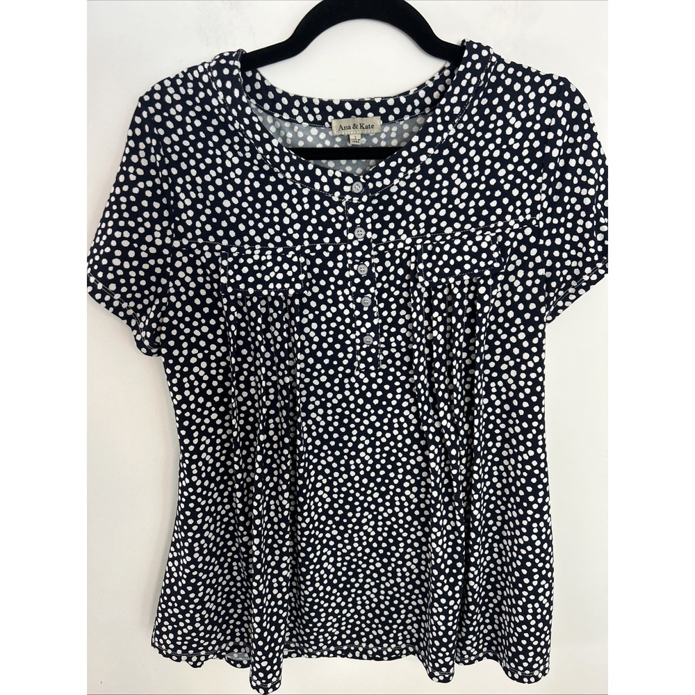 Ana & Kate L Women's Top Navy White Polkadots Front Buttons Pockets Short Sleeve